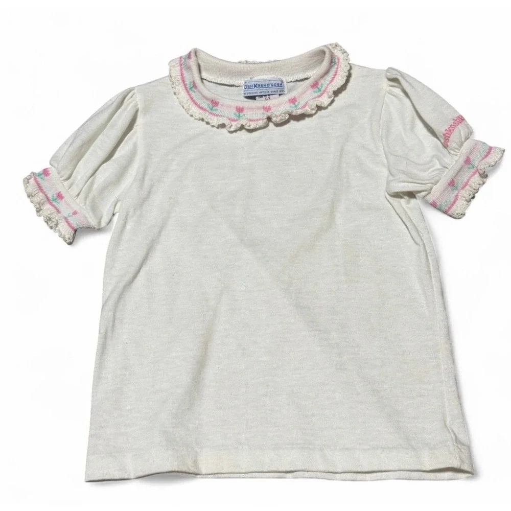 Vintage OshKosh B'Gosh Girls Top 6X USA Puff Sleeve Cottagecore Shirt Tulips